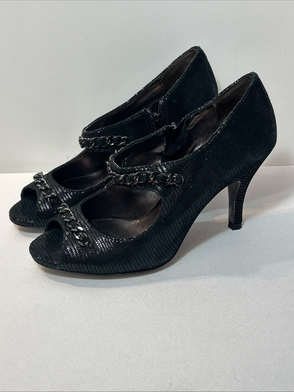 Isola Black‎ Peep-Toe Mary Jane Heels with Chain Detail